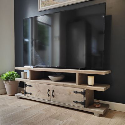 Handmade Rustic TV Unit – Solid Wood Farmhouse Media Console