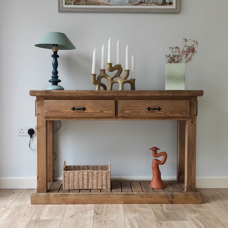 Rustic Console Table with Drawers – Handmade Entryway Table with Lower Shelf