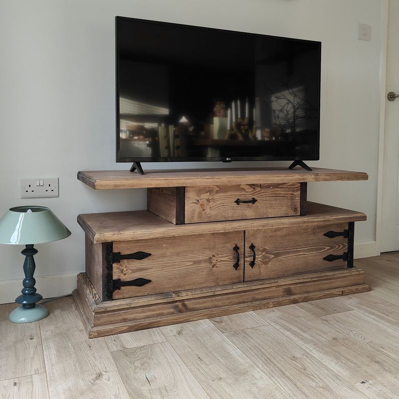 Handcrafted Wooden TV Unit – Two-Door Cabinet with Drawer & Floating Shelf