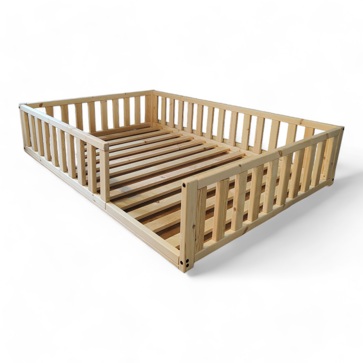 Handmade Montessori Floor Bed with Rails – Wooden Toddler Bed with Slats