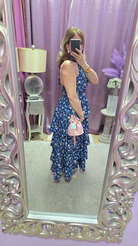 Vestido FLOR  azul cruzado cuello