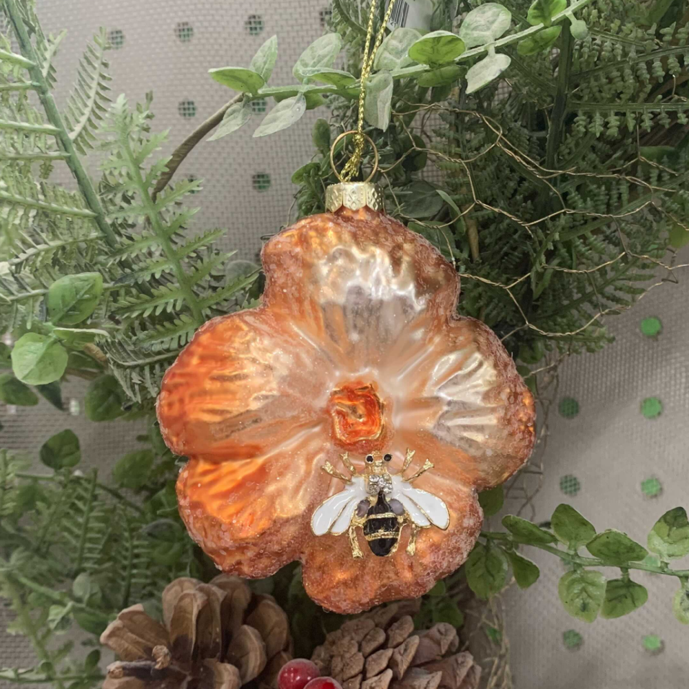 Flower With Bee Glass Ornament, Flower Color: Orange