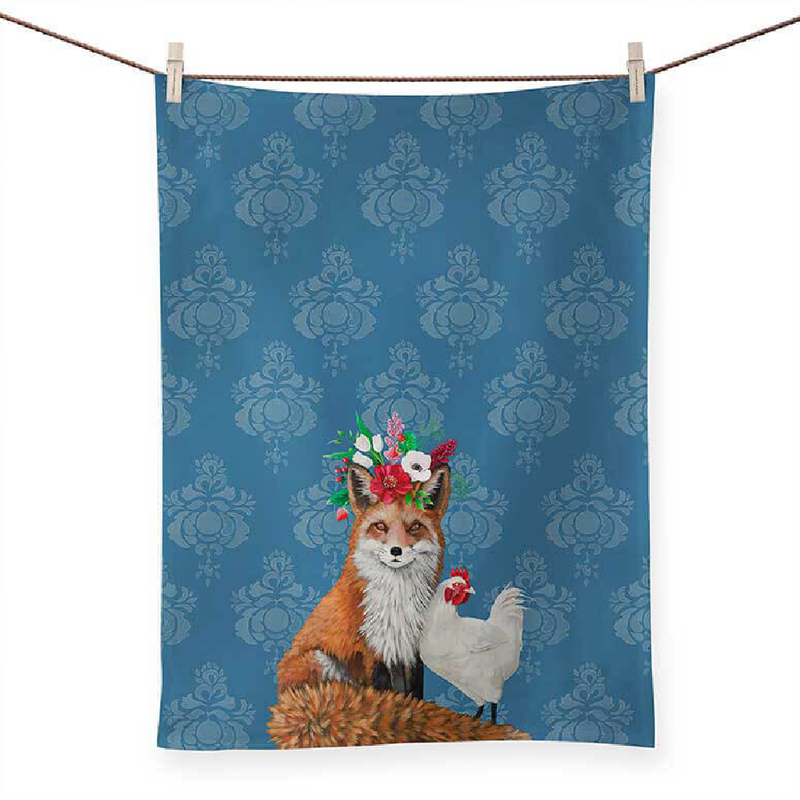 Fox and Rooster on Blue Tea Towel