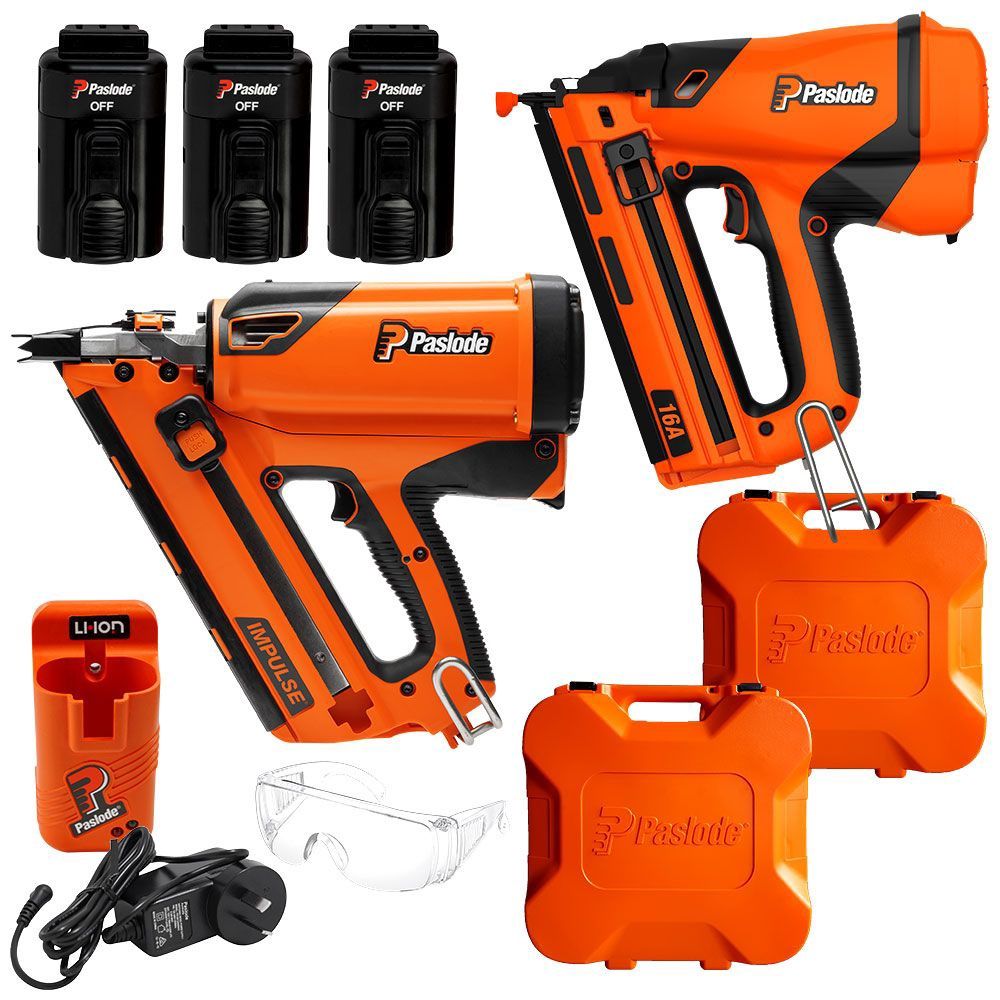 Paslode S20516 7.4V 2.2Ah Li-ion Cordless Framemaster Impulse Nailer Framer &amp; Trimmaster Angled Bradder Combo Kit