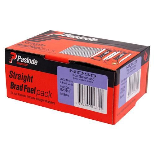 Paslode B20643 2000-Pack 50mm 14 Gauge Galvanised Brad Nails with Fuel