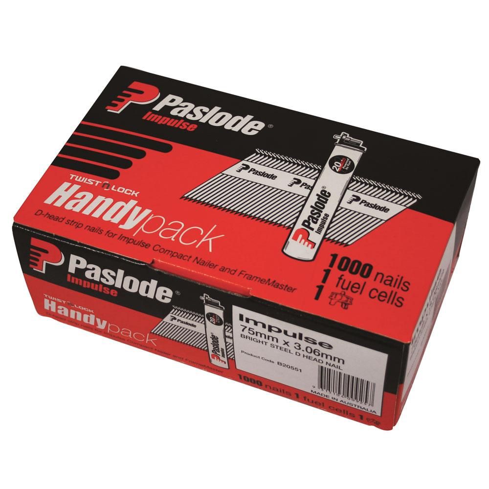 Paslode B20551 Handy Pack 75mm x 3.06mm Bright Impulse D Head Nails with Fuel