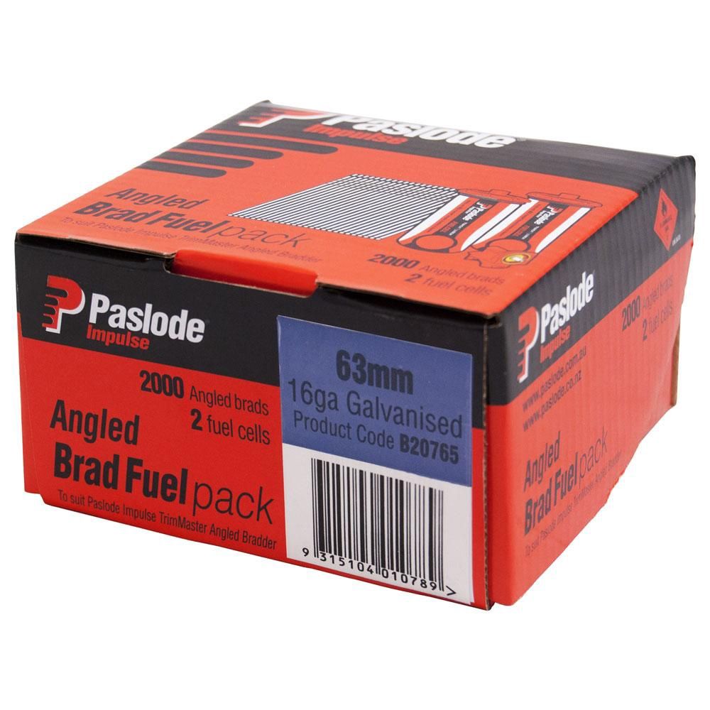Paslode B20765 2000 Pack 63mm 16 Gauge Galvanised Angled Brad Nails with Fuel