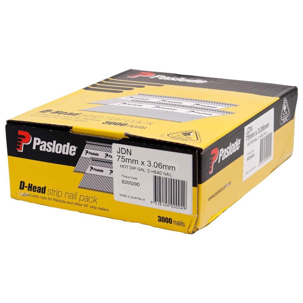 Paslode B20529D 3000-Pack 75mm x 3.06mm Hot Dip Galvanised D Head Framing Nails