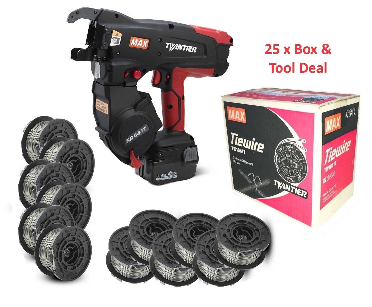 MAX RB441TCE 14.4V Li-ion Cordless Brushless Rebar Tying Machine Combo Kit with 25 x Boxes of Wire Deal