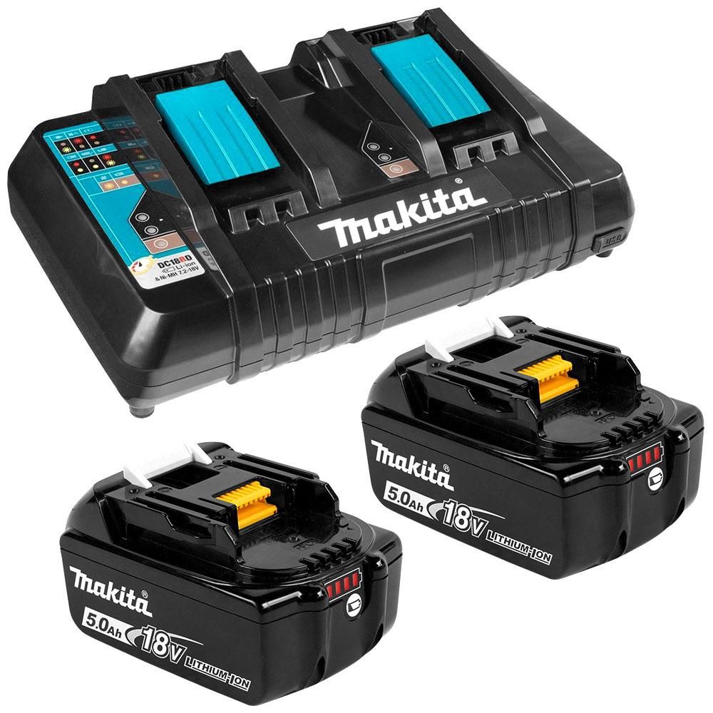 Makita 198928-5 18V Li-Ion Cordless Dual Port Charger DC18RD &amp; 5.0Ah Batteries BL1850B
