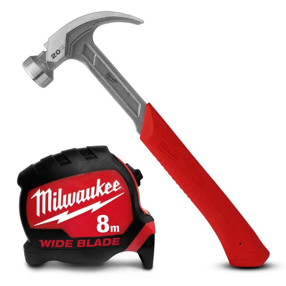 Milwaukee 48229080W 20oz Curved Claw Hammer &amp; 8m Wide Blade Tape Measure Set