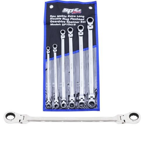 SP Tools SP10418 Flex Head Double Gear Drive Ring Spanner Set - Extra Long - 6 Piece Metric