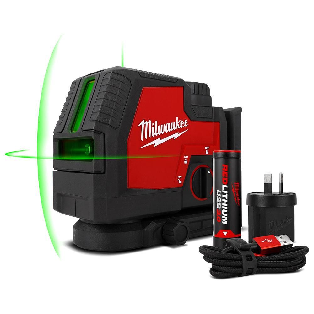 Milwaukee L4CPL-301C 3.0Ah REDLITHIUM USB Rechargeable 50m Green Beam Cross+ 2 Plumb Laser Kit