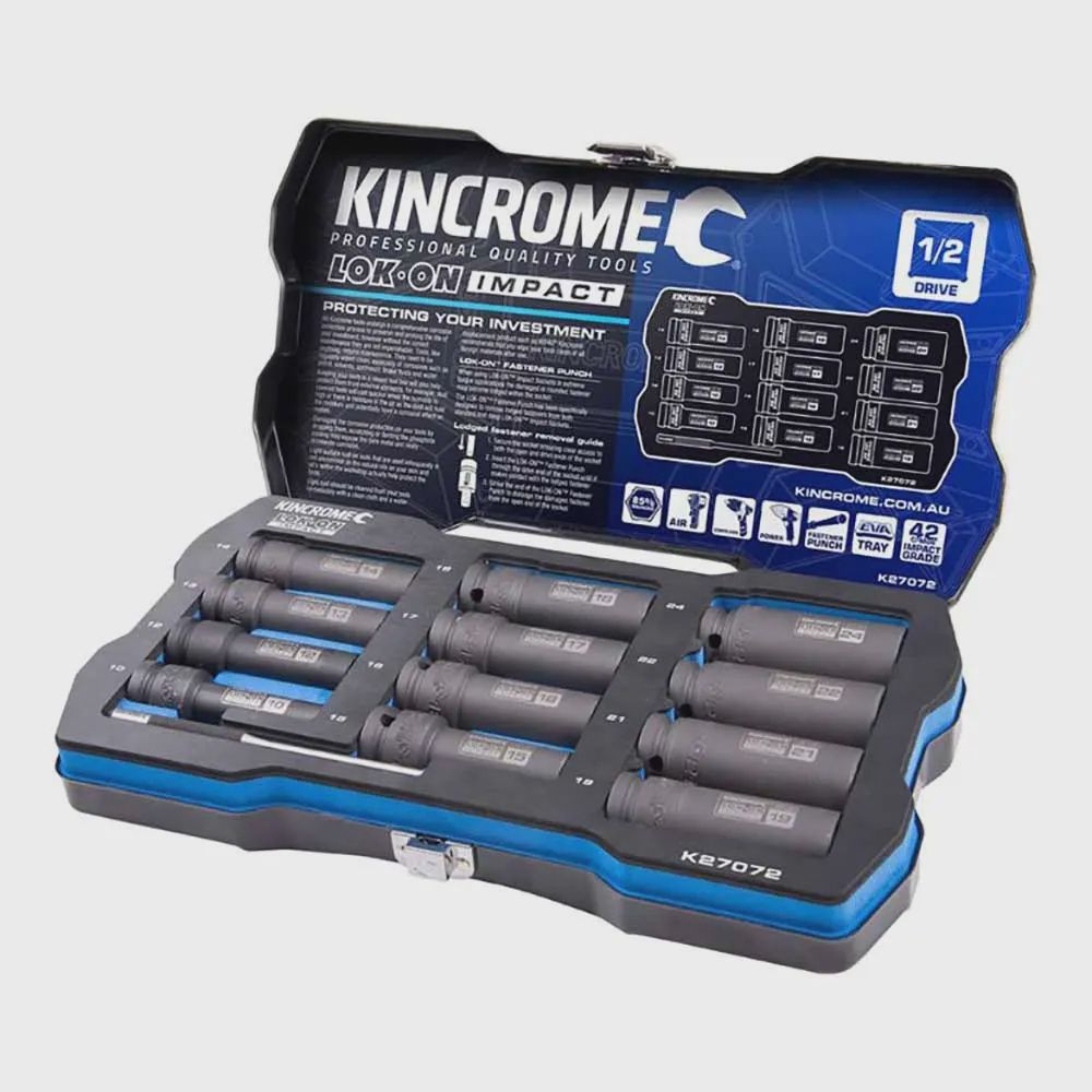 KINCROME K27072 LOK-ON Impact 1/2&quot; Drive Socket Set Deep Metric 12 Piece