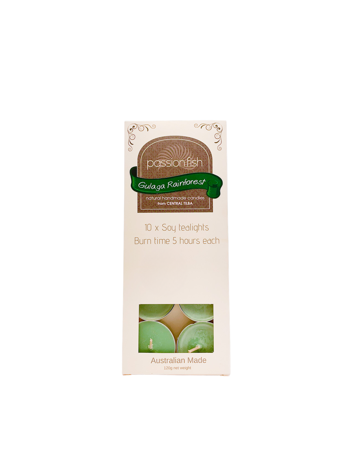 Gulaga Rainforest scented soy tealight candles handmade in Tilba, capturing the fresh, earthy aroma of Gulaga Mountain.