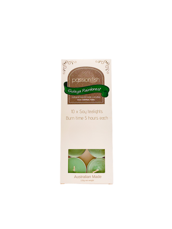 Gulaga Rainforest scented soy tealight candles handmade in Tilba, capturing the fresh, earthy aroma of Gulaga Mountain.