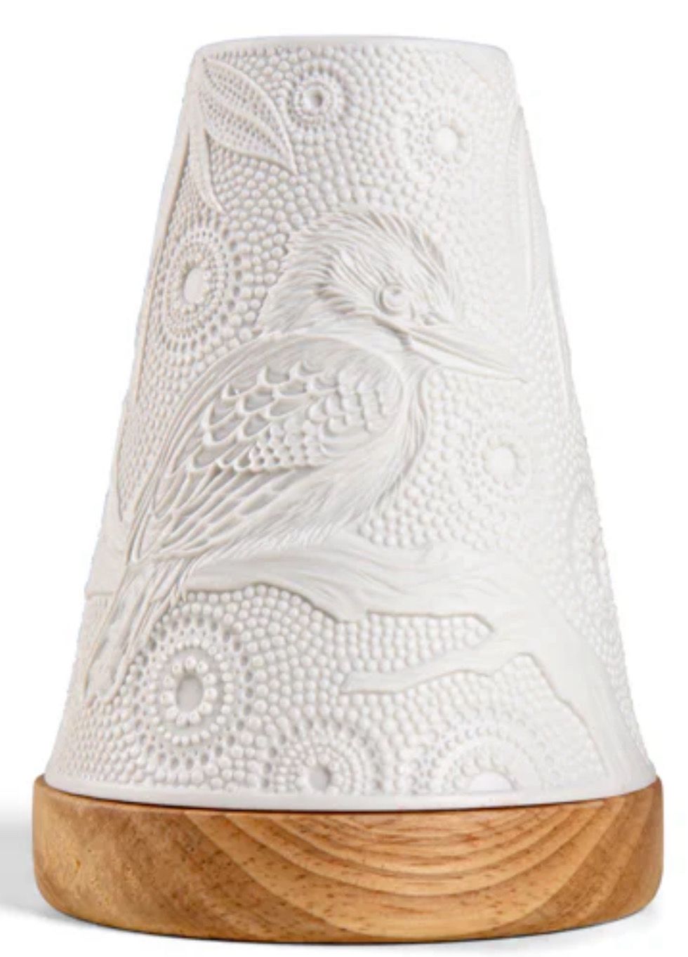 Kookaburra Minikin Tealight Lantern handmade from white porcelain with wooden base