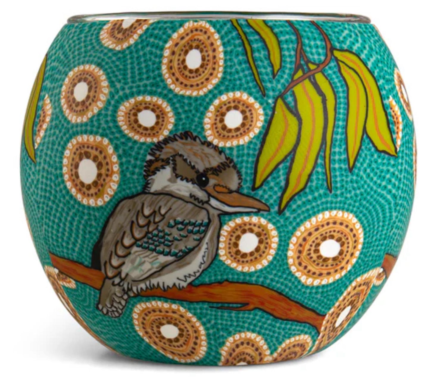 Aboriginal Kookaburra Tealight Holder Kookaburra Dreaming Art Glass Tealight Holder featuring Aboriginal artwork by Domica Hill