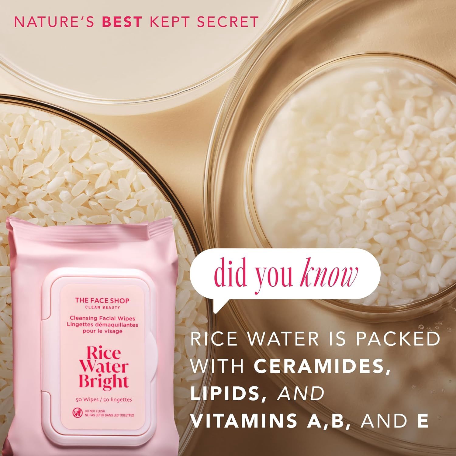 The Face Shop Clean Beauty Cleansing Wipes Rice Water Bright 50pcs