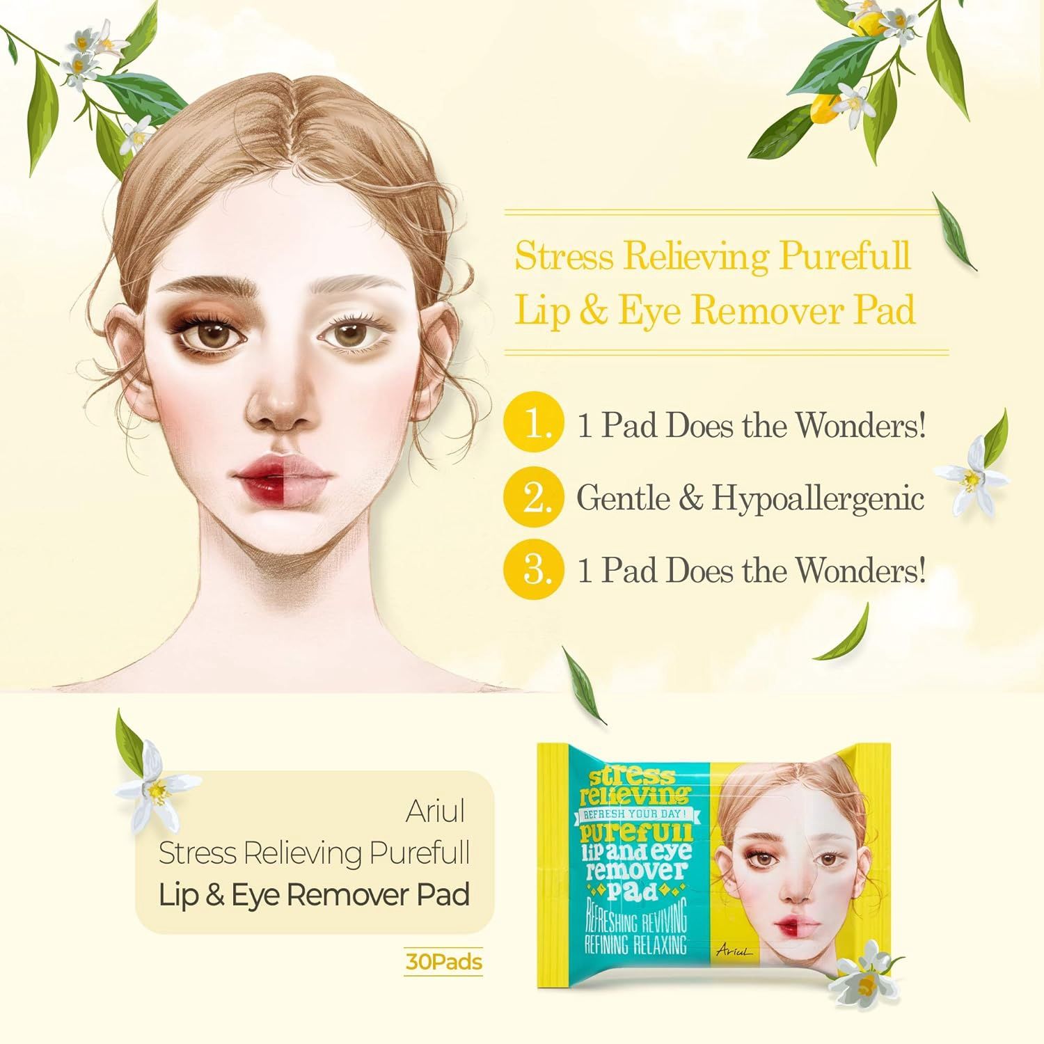 Ariul Stress Relieving Purefull Lip and Eye Remover Pad 30 Pads (Travel Size)