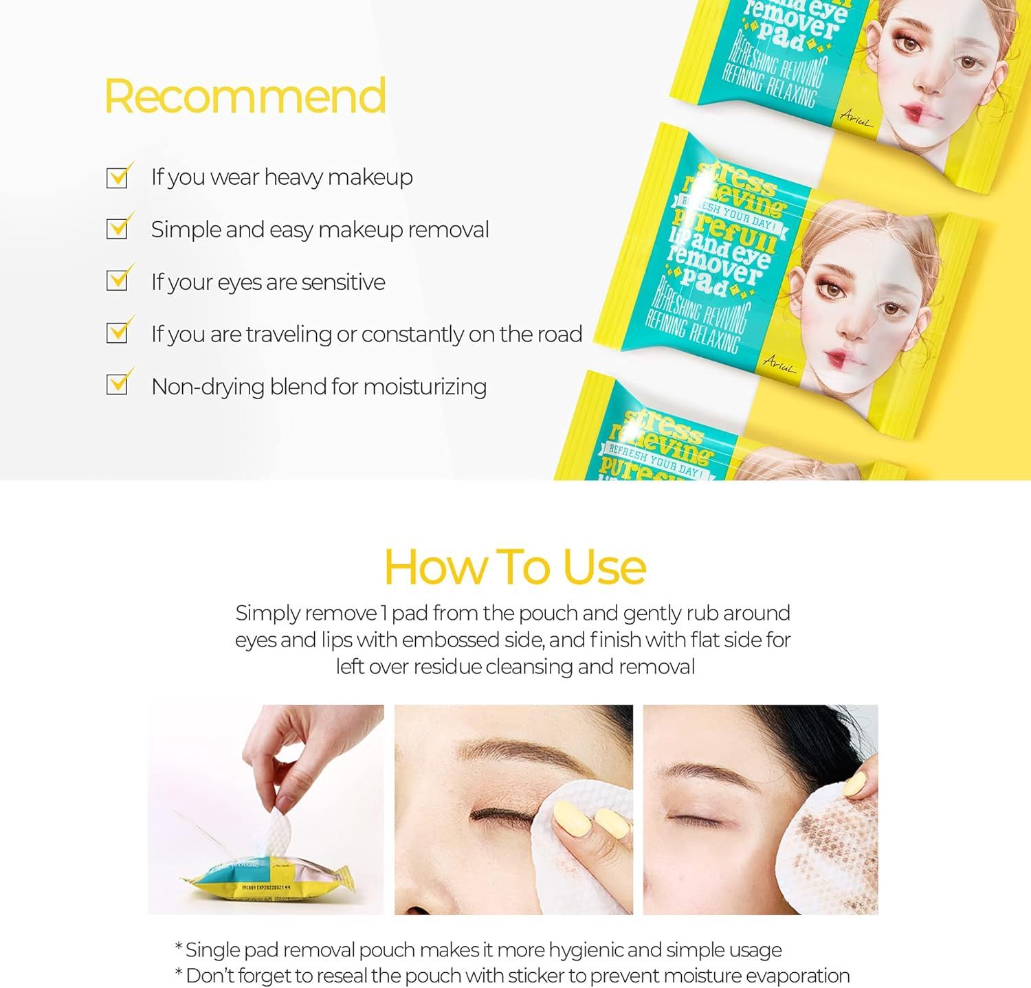 Ariul Stress Relieving Purefull Lip and Eye Remover Pad 30 Pads (Travel Size)