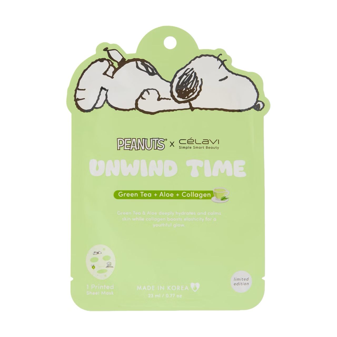 Celavi Peanuts Unwind Time Face Mask 1pc (Green Tea+Aloe+Collagen)