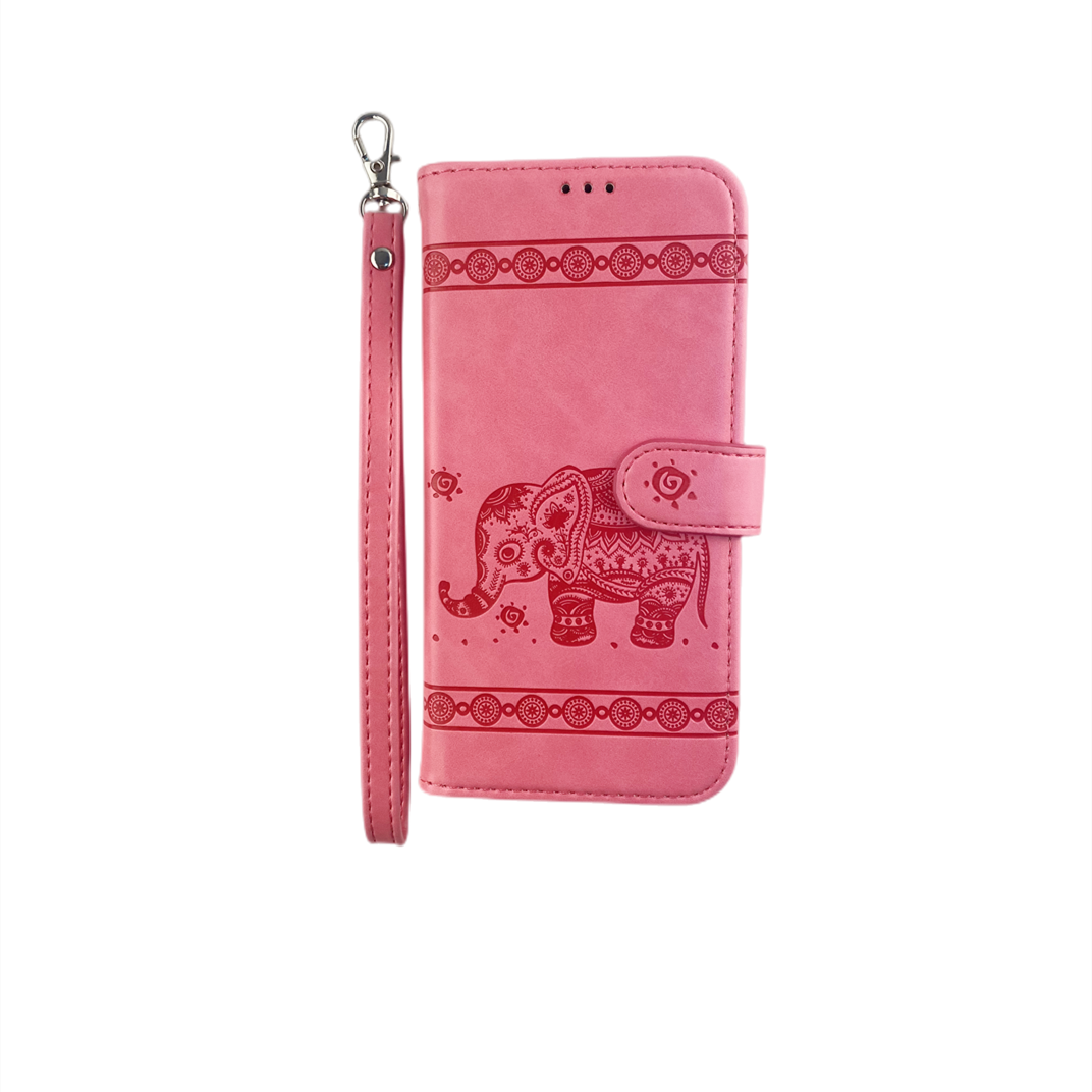 iPhone 14 6.1 Book Case Embossed Elephant, Color: Pink
