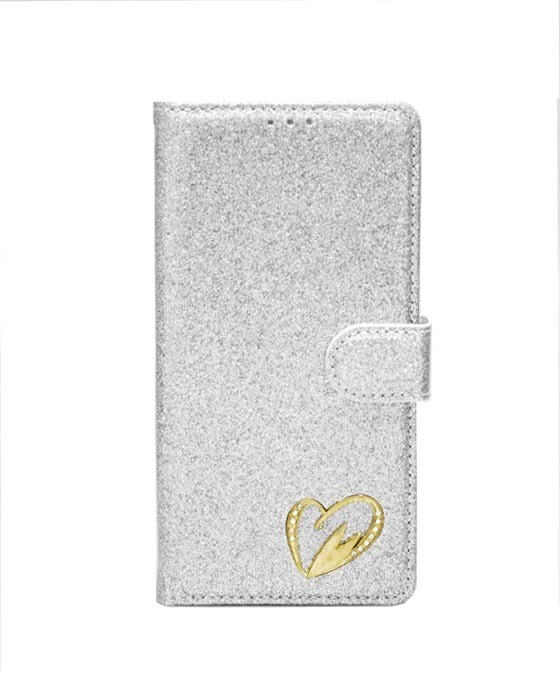 IPhone 14 Max 6.7 Shining Love Heart Book Case, Color: Silver