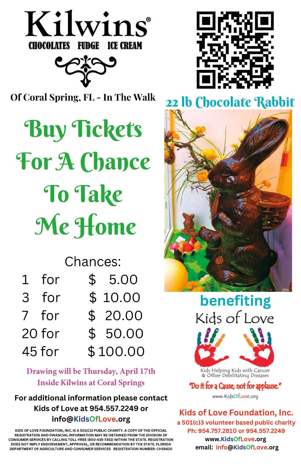 20 Chances for the 22LB KILWINS CHOCOLATE RABBIT