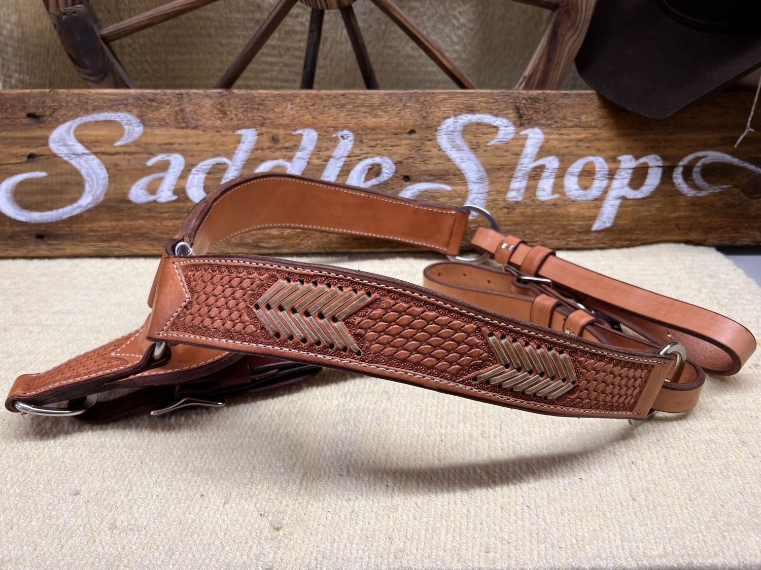 Circle L Breast Collar with Rawhide Stitch and Basket, Color: Lt. Oil