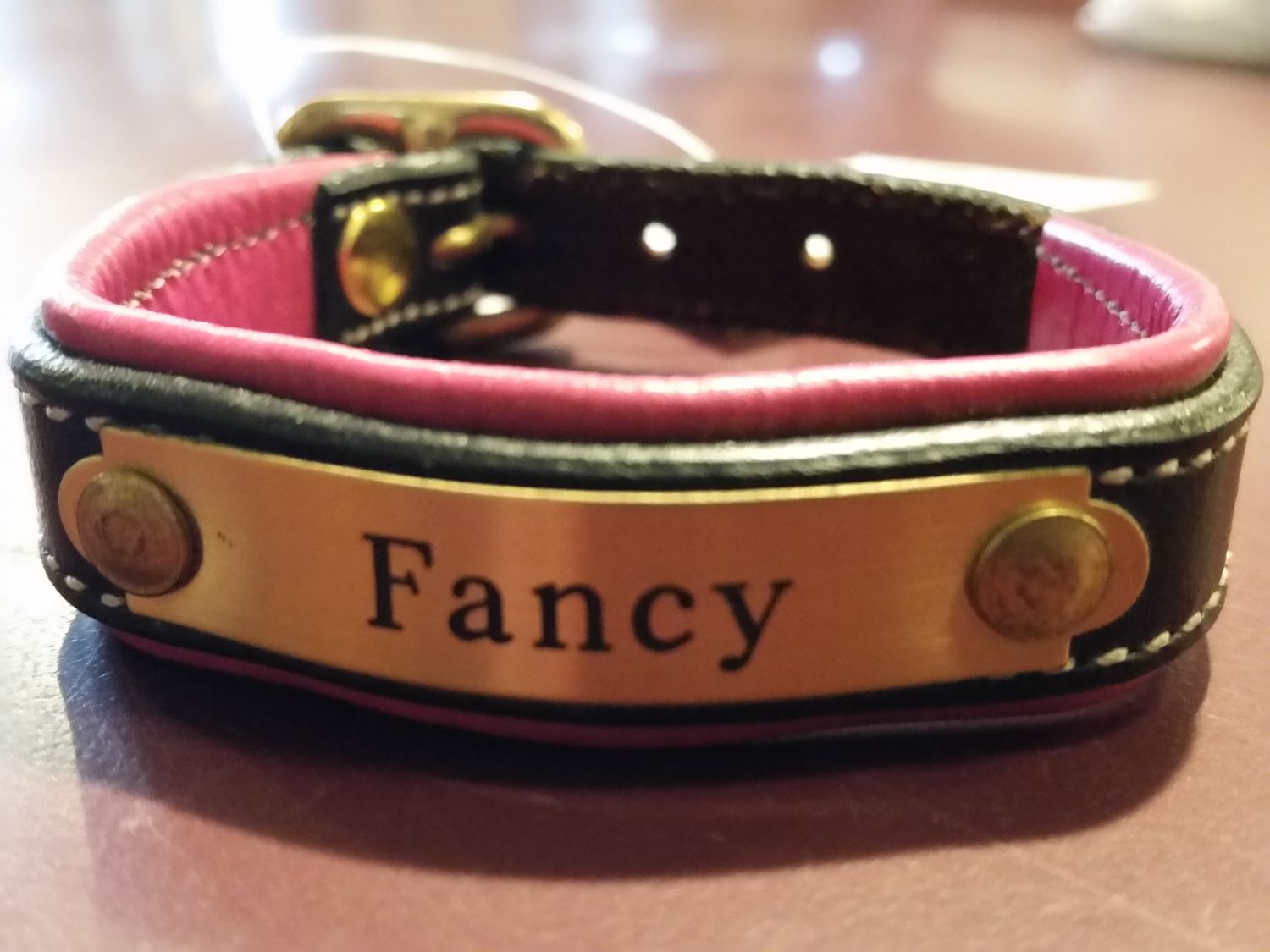 Bracelet - Padded Leather with Engraved Plate, Color: D.Brown/Pink