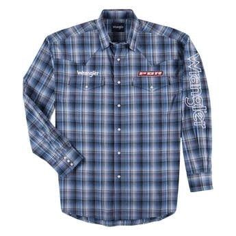 Men's Wrangler LS PBR Logo Shirt - Blue Plaid Men's Wrangler LS PBR Logo Shirt - Blue Plaid