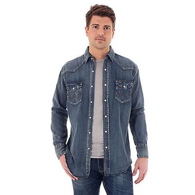 Men's Wrangler Cowboy Cut® Western Snap Indigo Slub Denim Shirt