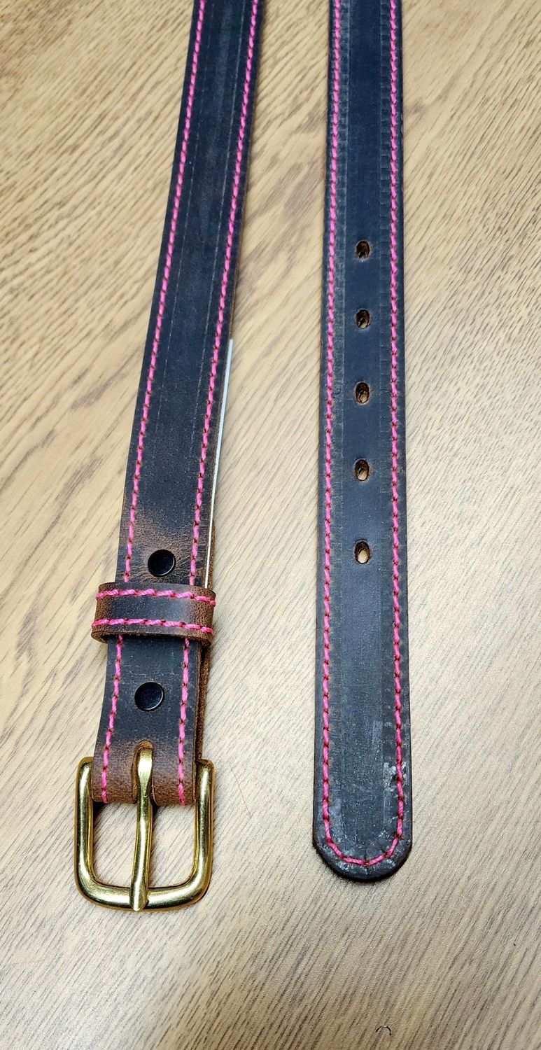 Children's 1" All Leather Belt - Brown w/Pink Stitching