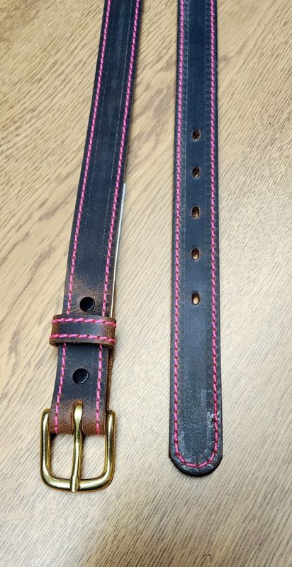 Children's 1" All Leather Belt - Brown w/Pink Stitching