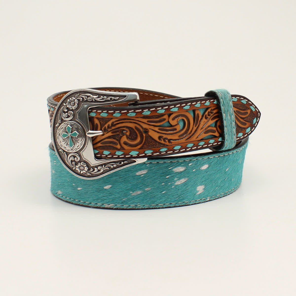 Belt - Angel Ranch Buckstitch Tooled Tabs Turquoise Calf Hair