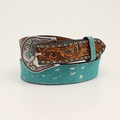 Belt - Angel Ranch Buckstitch Tooled Tabs Turquoise Calf Hair
