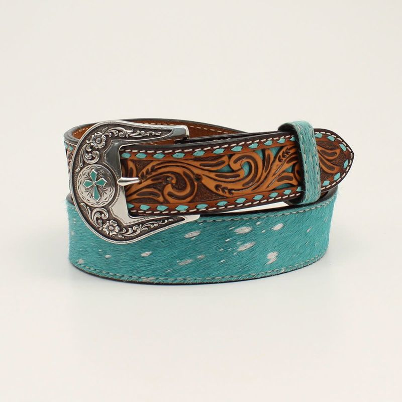 Belt - Angel Ranch Buckstitch Tooled Tabs Turquoise Calf Hair