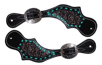 Buck Stitch Spur Straps Black w/Turq Adult