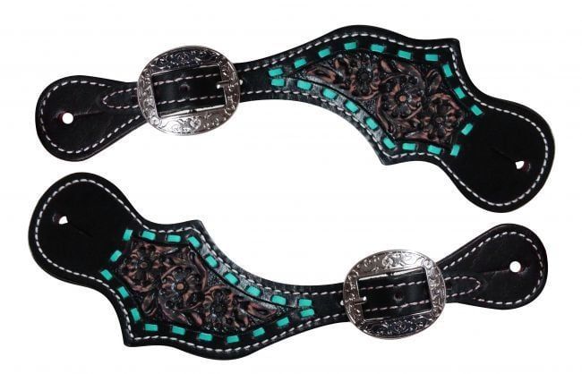 Buck Stitch Spur Straps Black w/Turq Adult