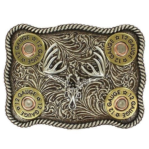 Belt Buckle - Buck Skull with Shot Gun Shells and Rope Edge