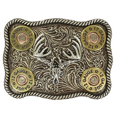 Belt Buckle - Buck Skull with Shot Gun Shells and Rope Edge