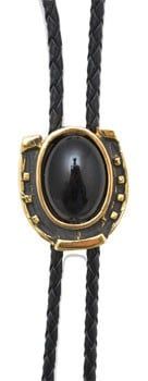 Bolo Tie - Gold Horseshoe w/ Onyx Stone