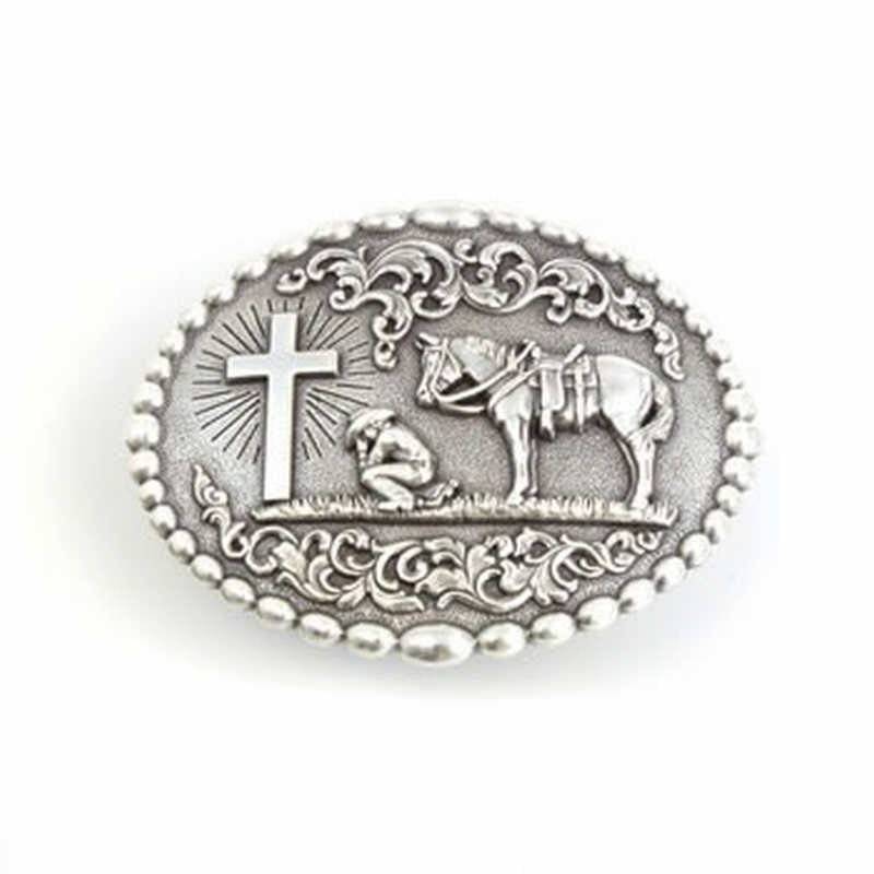 Belt Buckle - Oval Dot Edge Praying Cowboy