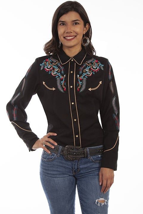 Women's Scully Feather and Floral Embroidered Shirt