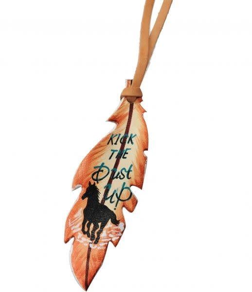 Leather Saddle Charm - "Kick the Dust Up" Feather