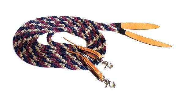Nylon Split Rein with Leather Poppers & Snaps, Black & Grey Mix - 10'