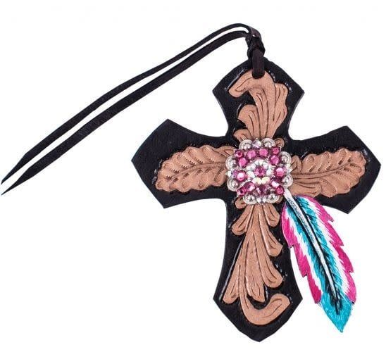 Leather Saddle Charm - Cross with Pink and Turquoise Feather