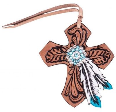 Leather Saddle Charm -  Cross with Turquoise Feather