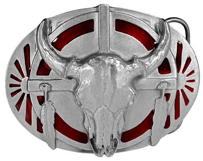 Belt Buckle - Steer Skull with Red Enamel
